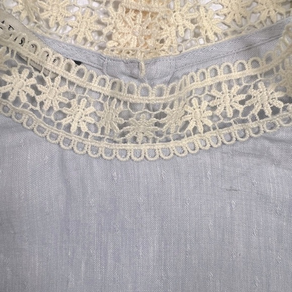Zara Prairie Cottagecore Linen Crocheted Lace Trim Long Sleeve Blue Top Blouse M - Picture 8 of 14